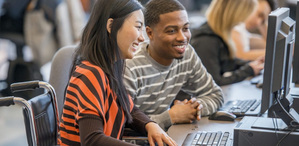 A multi-ethnic group of college age students are working on computers in the lab during a university class.