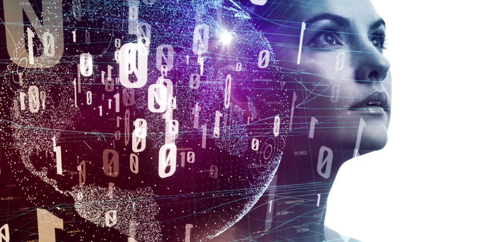 AI (Artificial Intelligence) concept. Young woman silhouette and digital network.